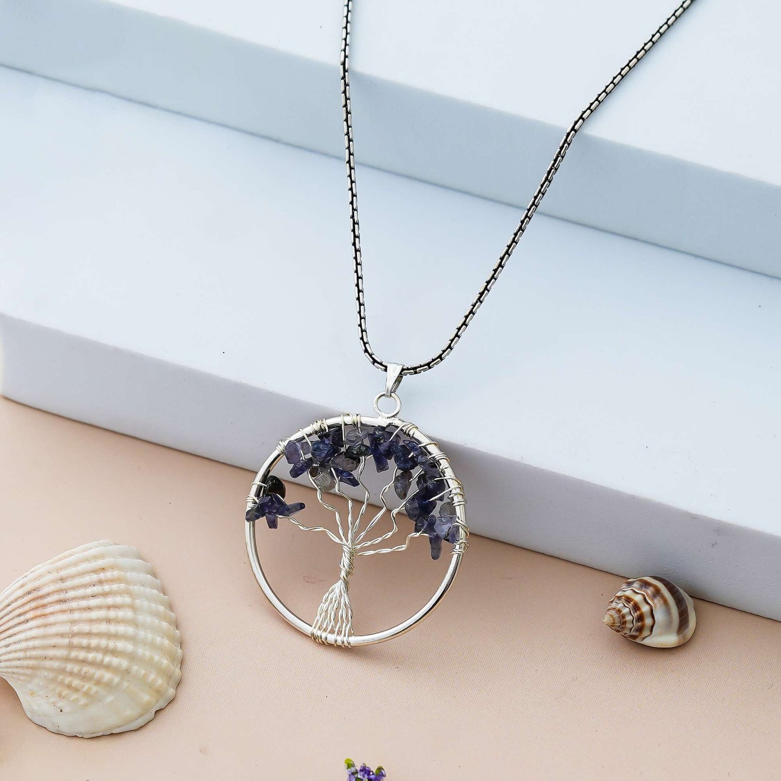 Sodalite Pendant Tree of Life Crystal Stone Pendant Locket with Metal Chain for Healing Crystal Healing Gemstone Size 35-40 mm soda lite