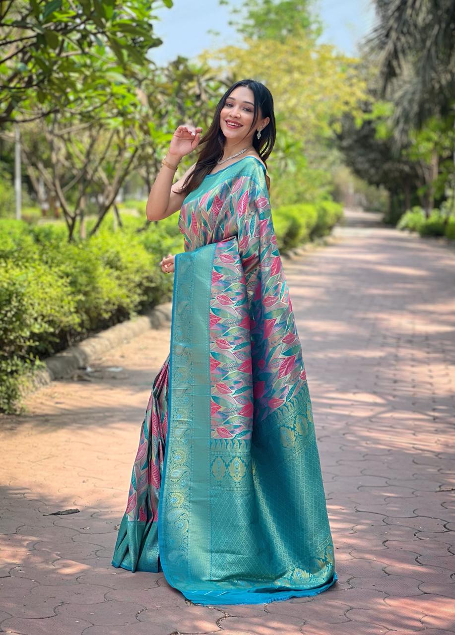 Women's Luxurious Pista Green & Pink Art Silk Saree with Intricate Leaf Weave & Broad Zari Border – Ideal for Festive & Wedding Occasions - Image 7